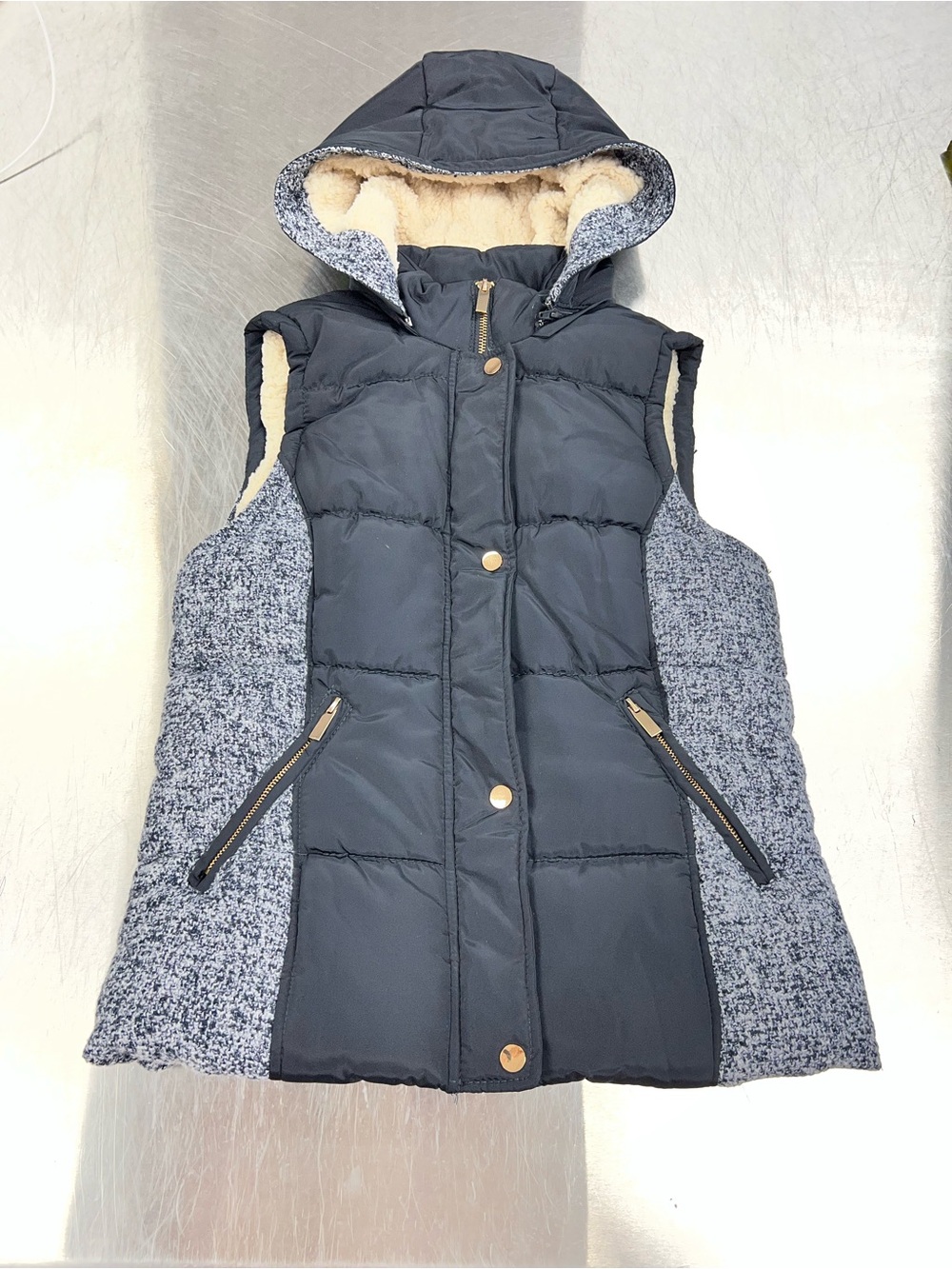 Ci Sono Navy and Heather Gray Quilted Hooded Sleeveless Vest